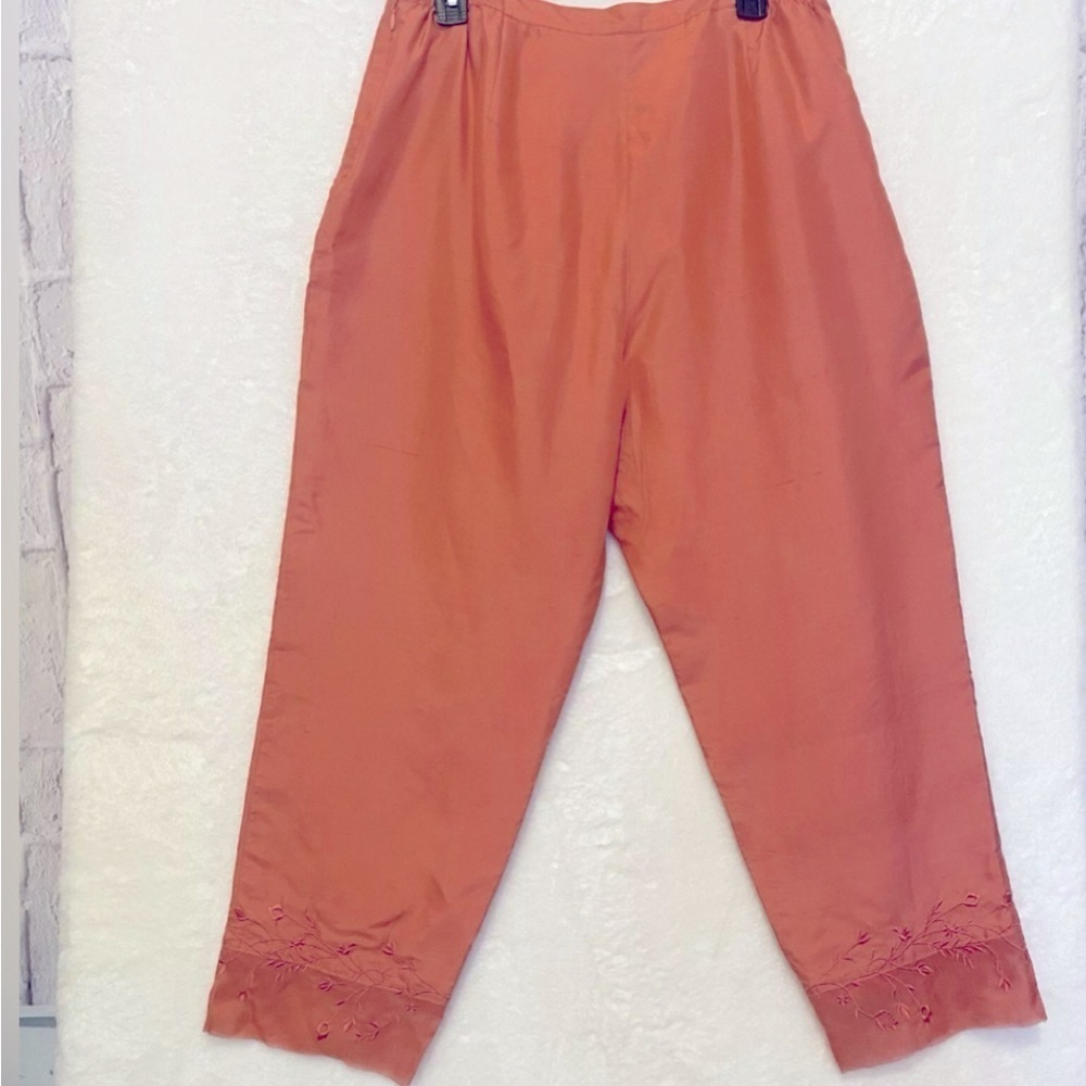Silkland Coral Orange Embroidered Sheer Hem 100% Silk Ankle Pant 14